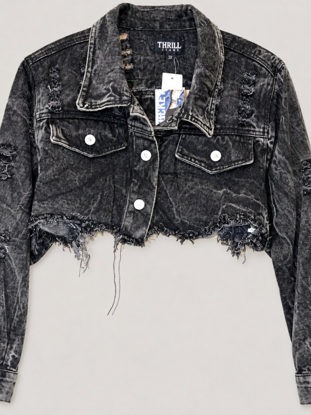 NWT Thrill Jeans 3X Black Acid Wash Distressed Cropped Denim Jacket